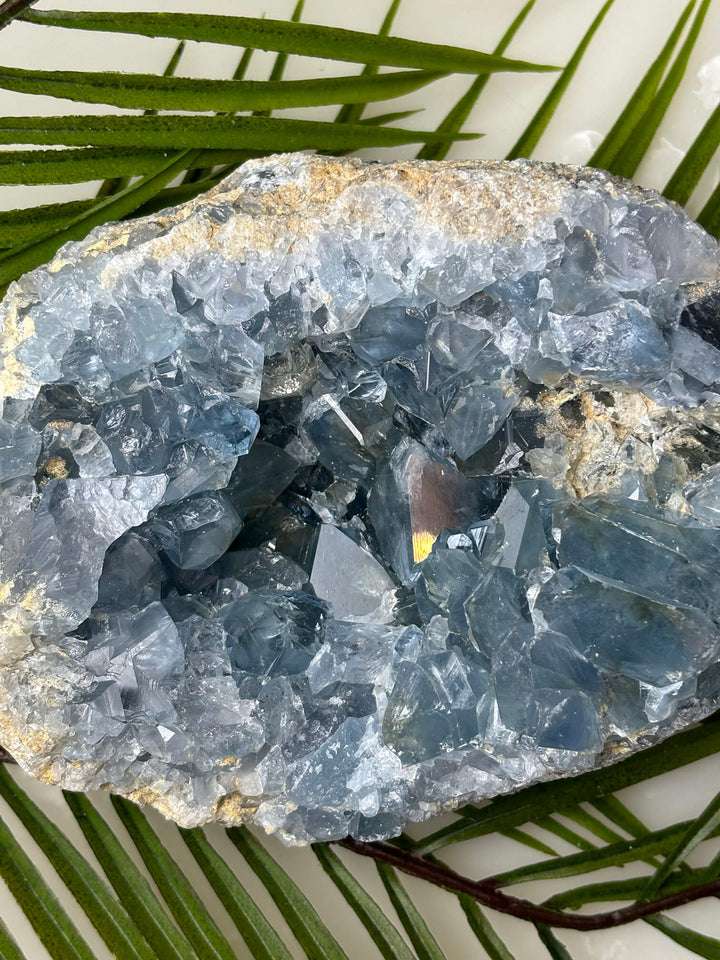 XXL ruwe celestien van bovenaf dichtbij. Donkerblauwe kristalpunten.